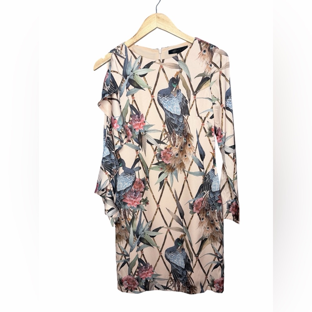 FOREST LILY peacock long sleeve ruffle peekaboo cutout shoulder sheath dress